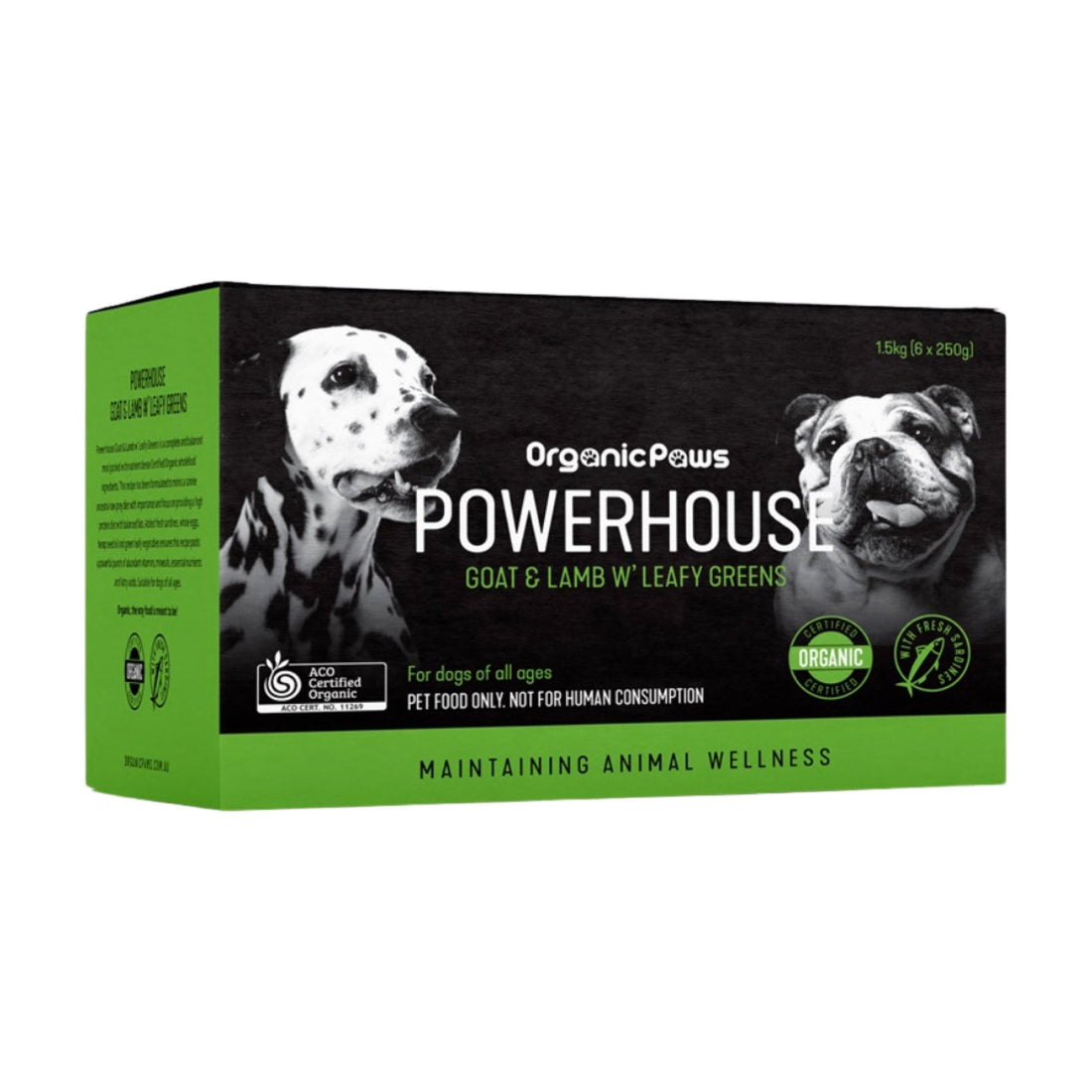 Organic Paws Powerhouse Goat and Lamb with Leafy Greens raw dog food, 1.5 kg box with 6 vacuum-sealed 250 g packs
